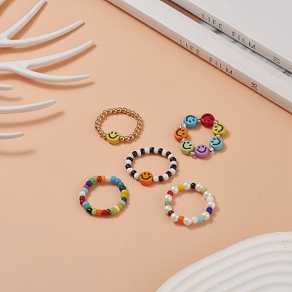 5Pcs 5 Style Smiling Face Acrylic & Glass Seed Stretch Rings Set, Braided Beaded Jewelry for Women