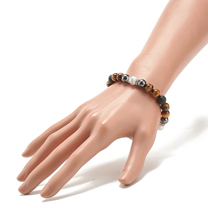 Natural Gemstone & Lava Rock & Howlite & Synthetic Hematite Round Beaded Stretch Bracelet, Gemstone Jewelry for Women