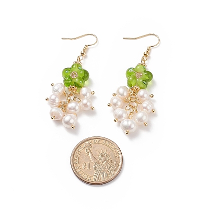 Fleur au chalumeau avec boucles d'oreilles pendantes en perles naturelles, boucles d'oreilles pendantes en laiton pour femmes
