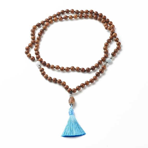 Бусины из натурального дерева венге мала молитвенное ожерелье, кулон с большой кисточкой для буддийской медитации, синие