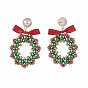 Glass Pearl Braided Christmas Wreath Dangle Stud Earrings, Brass Wire Wrap Drop Earrings for Women