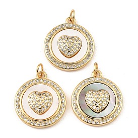 Brass Cubic Zirconia with Shell Pendants, Long-Lasting Plated, Lead Free & Cadmium Free, Flat Round with Heart