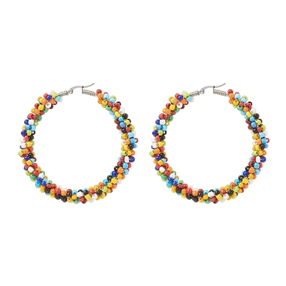 Colorful Glass Seed Braided Big Hoop Earrings, 304 Stainless Steel Bohemia Earrings for Women