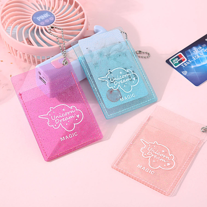 2-Pocket Plastic Glitter Photocard Sleeve Keychain, with Ball Chains, Rectangle with Unicorn Pattern