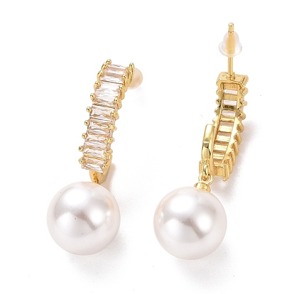 Boucles d'oreilles en forme de C en zircone cubique transparente avec perles en plastique, Boucles d'oreilles demi-créoles en laiton plaqué or clair pour femme, sans cadmium et sans plomb