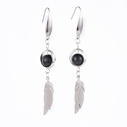 304 Stainless Steel Dangle Earring, with Brass Bead Frames and Cat Eye Beads, Feather