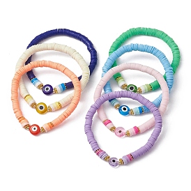 7 pcs 7 ensemble de bracelets extensibles de surfeur heishi en argile polymère de couleur, bracelets empilables au chalumeau mauvais œil