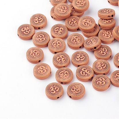 Imitation Wood Acrylic Beads, Flat Round with Ohm