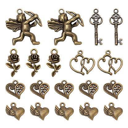 60 pcs 6 pendentifs en alliage de style tibétain, coeur à coeur & coeur & coeur avec aile & clé squelette & fleur rose & cupidon/chérubin, pour Saint Valentin