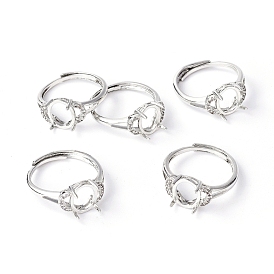 Adjustable Brass Finger Ring Components, 4 Claw Prong Ring Settings, with Clear Cubic Zirconia