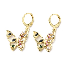 Butterfly Real Brass Dangle Leverback Earrings, with Cubic Zirconia & ABS Imitation Pearl