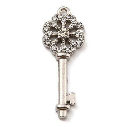 304 Stainless Steel with Rhinestone Pendants, Flower Key Charms