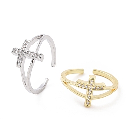 Micro en laiton ouvrent anneaux zircone cubique, anneau de manchette ouvert, bague croix religieuse pour femme