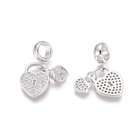 Brass Micro Pave Cubic Zirconia European Dangle Charms, Large Hole Pendants, Heart Lock, Clear