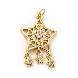 Rack Plating Brass Micro Pave Clear Cubic Zirconia Pendants, Long-Lasting Plated, Lead Free & Cadmium Free, Star
