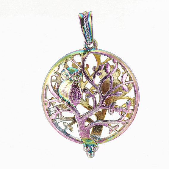 Plated Alloy Locket Pendants, Diffuser Locket, with Magnetic, Flat Round with Tree of Life & Owl