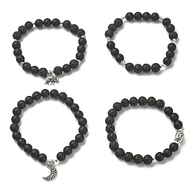 4 шт. 4 набор эластичных браслетов в стиле натурального лавового камня и черного агата и гематита из бисера, браслеты из сплава слона, луны и буддизма