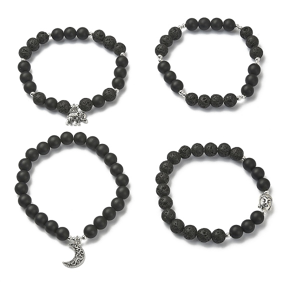 Ensemble de bracelets extensibles en perles de lave naturelle, d'agate noire et d'hématite, bracelets en alliage éléphant, lune et bouddhiste