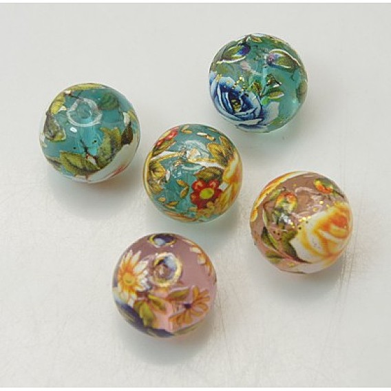 Glass Printed Beads, Round, 10mm, Hole: 0.5mm