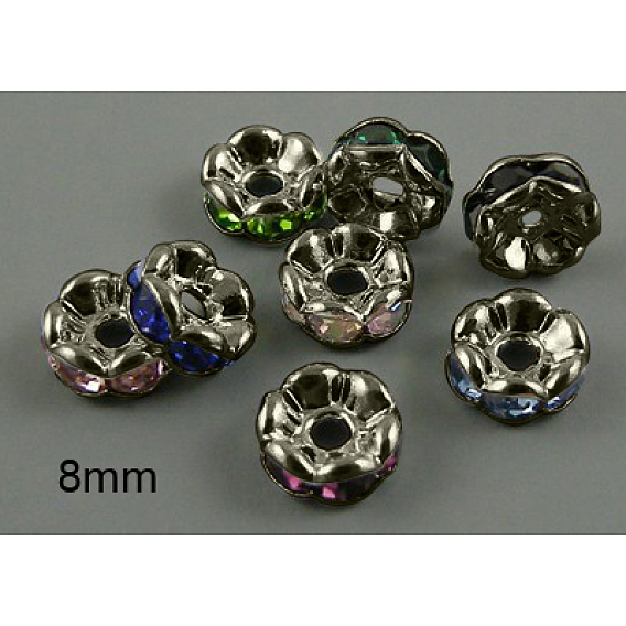 Séparateurs perles en verre avec strass en laiton, grade de aaa, bord ondulé, sans nickel, gris anthracite, rondelle, 8x3.8mm, Trou: 1.5mm