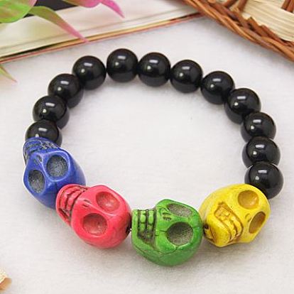 Stretchy Glass Bracelets for Halloween, with Colorful Skull Synthetical Howlite Beads, Glass Beads and  Elastic Crystal Thread, 55mm