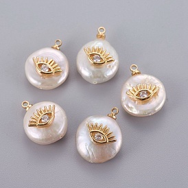 Natural Cultured Freshwater Pearl Pendants, with Brass Micro Pave Cubic Zirconia Cabochons, Nuggets with Eye, Clear