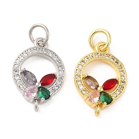 Rack Plating Brass Pave Cubic Zirconia Pendants, Ring Charms with Flower, Long-Lasting Plated, Lead Free & Cadmium Free