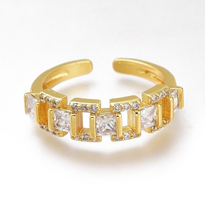 Latón micro pavé claro anillos de brazalete de circonio cúbico, anillos abiertos, larga duración plateado, Rectángulo