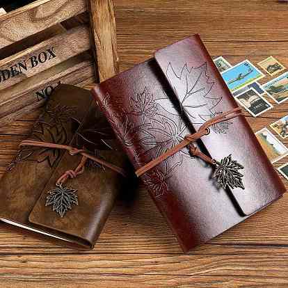 Cubierta de cuero pu 6 cuadernos de anillas, diario de viaje, con cuerda, colgantes de hoja de arce y papel sin madera, Rectángulo