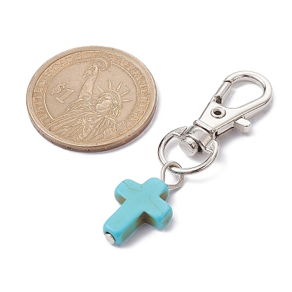 Synthetic Turquoise Cross Pendant Decorations, with Alloy Swivel Lobster Claw Clasps