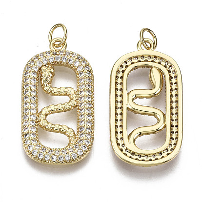 Brass Micro Pave Clear Cubic Zirconia Pendants, with Jump Ring, Nickel Free, Oval with Snake