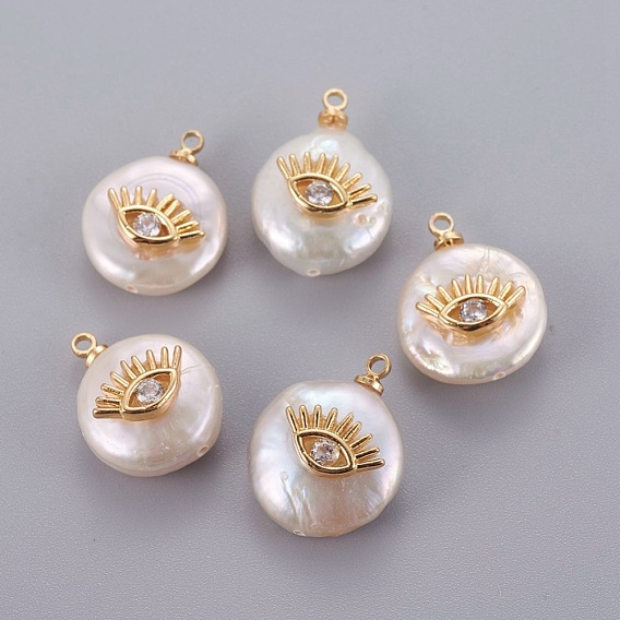 Natural Cultured Freshwater Pearl Pendants, with Brass Micro Pave Cubic Zirconia Cabochons, Nuggets with Eye, Clear