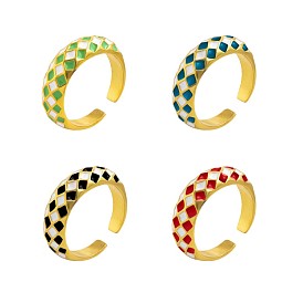 4Pcs 4 Colors Checkerboard Enamel Open Cuff Rings, Gold Plated Alloy Stackable Rings for Women