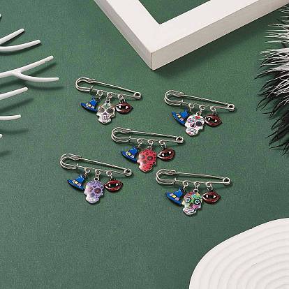 Halloween Skull & Witch Hat & Lip Alloy Enamel Charms Safety Pin Brooch, Iron Sweater Shawl Clips for Waist Pants Extender Clothes Dresses Decoration