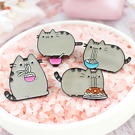 Cute and Funny Cat Enamel Pin Badge with Noodle Eating Pose