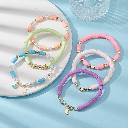 6pcs 6 ensemble de bracelets extensibles en perles de polymère et en plastique ABS de style, Bracelets empilables à breloques étoile, cœur et lune en laiton