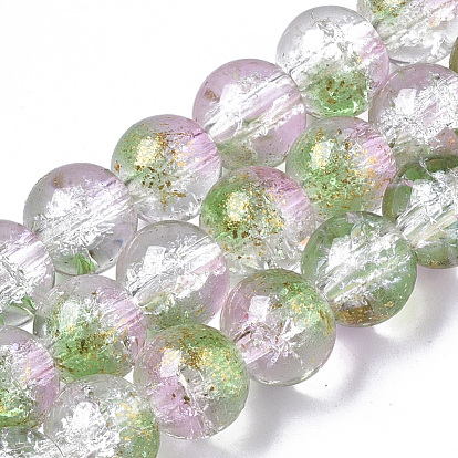 Transparent Spray Painted Crackle Glass Beads Strands, with Golden Foil, Round