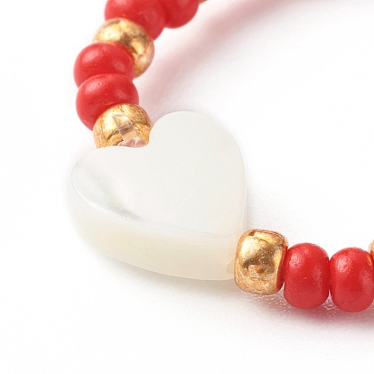 Handmade Glass Seed Beads Stretch Rings, with Natural Shell Beads & Round Rocailles Beads, Heart