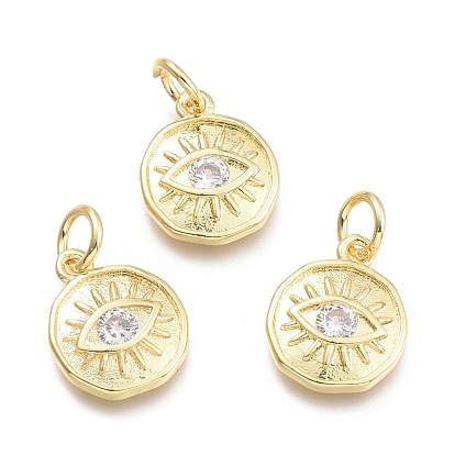 Brass Micro Pave Cubic Zirconia Pendants, with Jump Ring, Flat Round with Eye, Real 18K Gold Plated