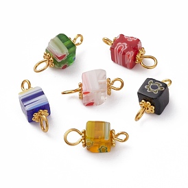 Handmade Millefiori Glass Links, with Golden Plated Brass Ball Head pins and Alloy Spacer Beads, Cube
