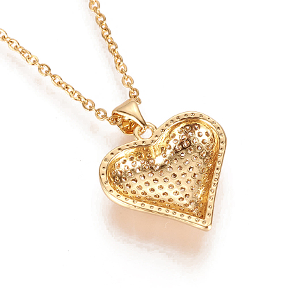 304 Stainless Steel Pendant Necklaces, with Brass Cubic Zirconia Pendants, Heart