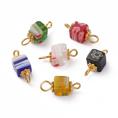 Liens de verre millefiori main, avec des goupilles à tête sphérique en laiton doré et des perles d'espacement en alliage, cube