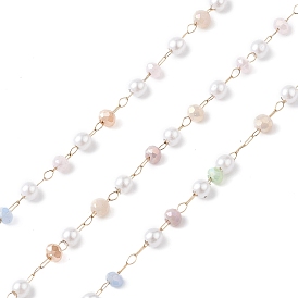 Chaînes perles imitation verre & ABS, non soudée, avec 304 chaînes à maillons en acier inoxydable, or