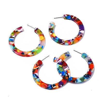 Cellulose Acetate(Resin) Half Hoop Earrings, with 304 Stainless Steel Pin, Round