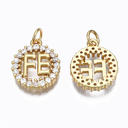 Brass Micro Pave Clear Cubic Zirconia Pendants, with Jump Rings, Nickel Free, Ring with Word FE