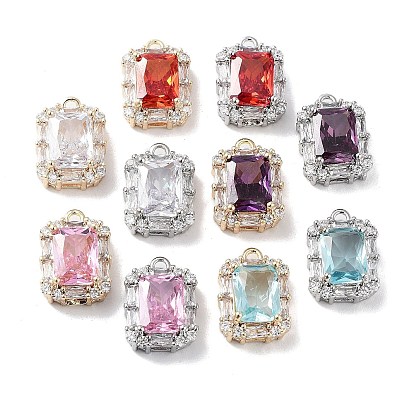Brass Micro Pave Cubic Zirconia Charms, with Mixed Color Glass, Rectangle Charm