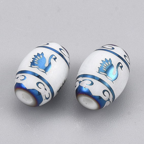Electroplate Glass Beads, Barrel with Swan Pattern