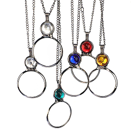 Flat Round Glass Magnifying Pendant Necklace for Women, with Alloy Cable Chains
