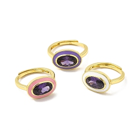 Purple Cubic Zirconia Oval Adjustable Ring, Rack Plating Real 18K Gold Plated Brass Enamel Jewelry for Women, Long-Lasting Plated, Cadmium Free & Lead Free