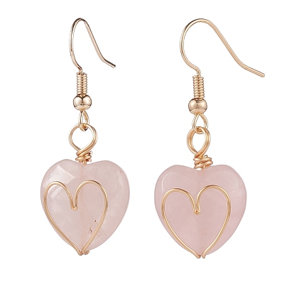 Gemstone Heart Dangle Earrings, Gold Plated Brass Wire Wrap Jewelry for Women